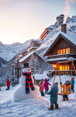 A magical winter scene featuring a cozy hostel nestled in a snowy valley surrounded by tall, snow-capped mountains