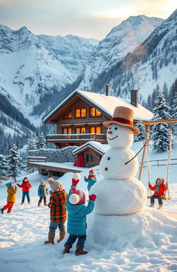 A magical winter scene featuring a cozy hostel nestled in a snowy valley surrounded by tall, snow-capped mountains