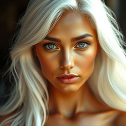 A stunning 28-year-old woman with glistening golden skin that shines like the sun