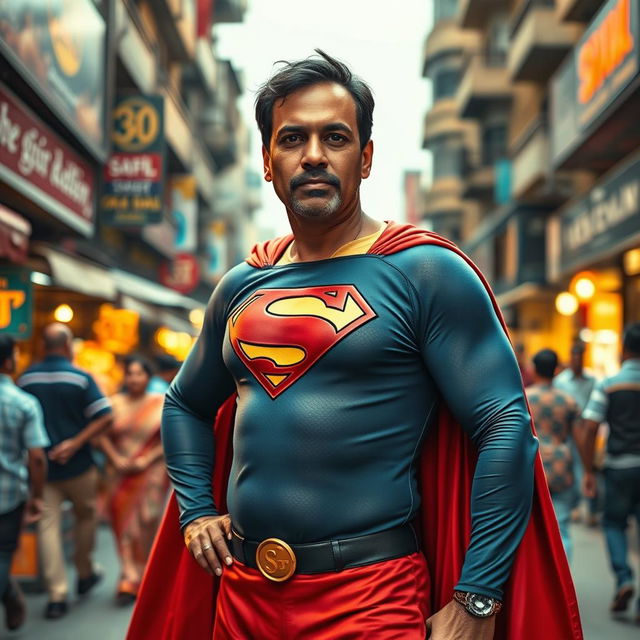 A dynamic portrayal of Ram Gopal Varma dressed as Superman, standing confidently on a busy street in Mumbai