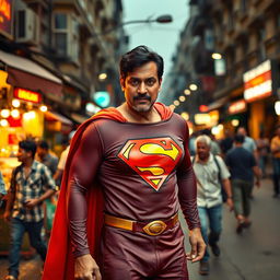 A dynamic portrayal of Ram Gopal Varma dressed as Superman, standing confidently on a busy street in Mumbai