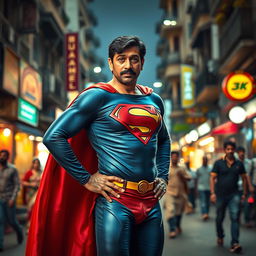 A dynamic portrayal of Ram Gopal Varma dressed as Superman, standing confidently on a busy street in Mumbai