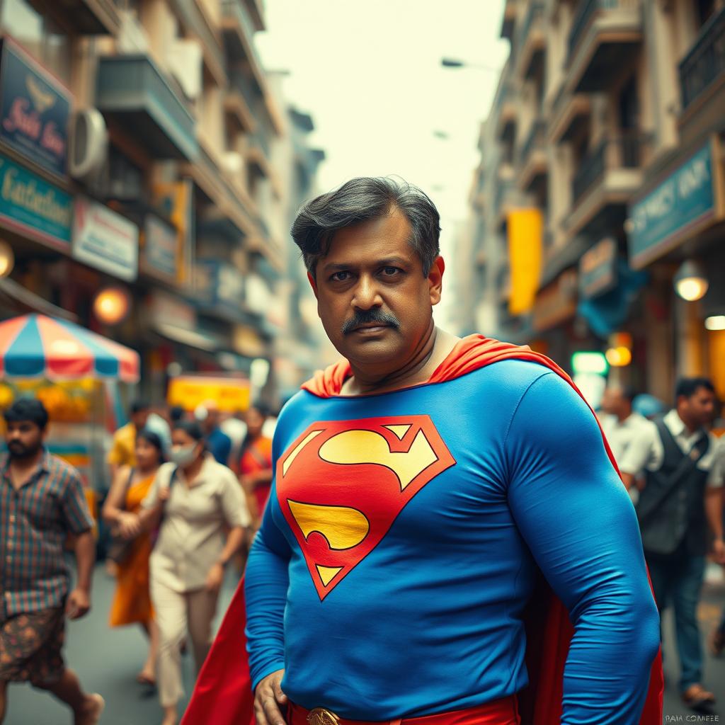 A dynamic portrayal of Ram Gopal Varma dressed as Superman, standing confidently on a busy street in Mumbai