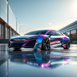 An unprecedented chrome pearl metallic Peugeot luxury saloon car from the future, featuring a striking and aggressive widebody kit