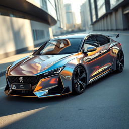 An unprecedented chrome pearl metallic Peugeot luxury saloon car from the future, featuring a striking and aggressive widebody kit