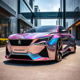 An unprecedented chrome pearl metallic Peugeot luxury saloon car from the future, featuring a striking and aggressive widebody kit