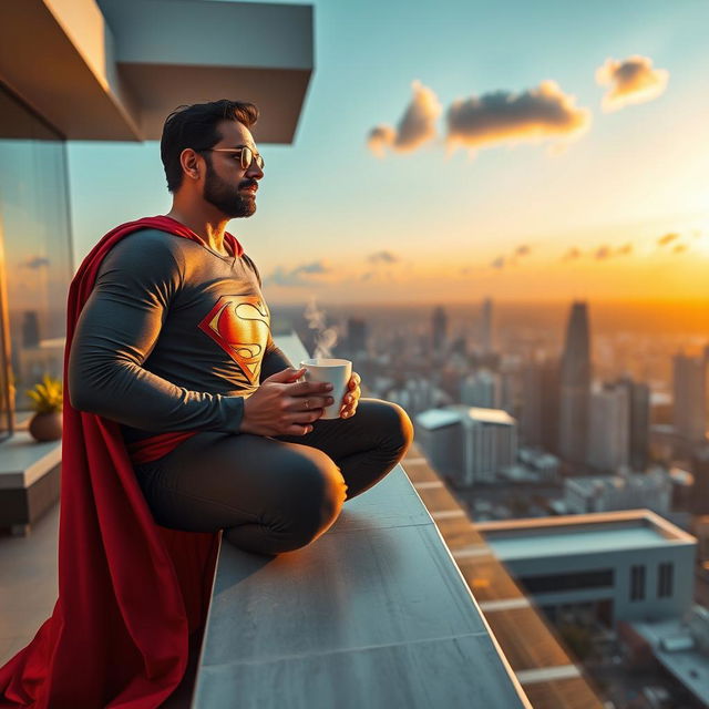 Ram Gopal Varma portrayed as a superhero, embodying the essence of Superman, confidently sitting on a modern hotel rooftop