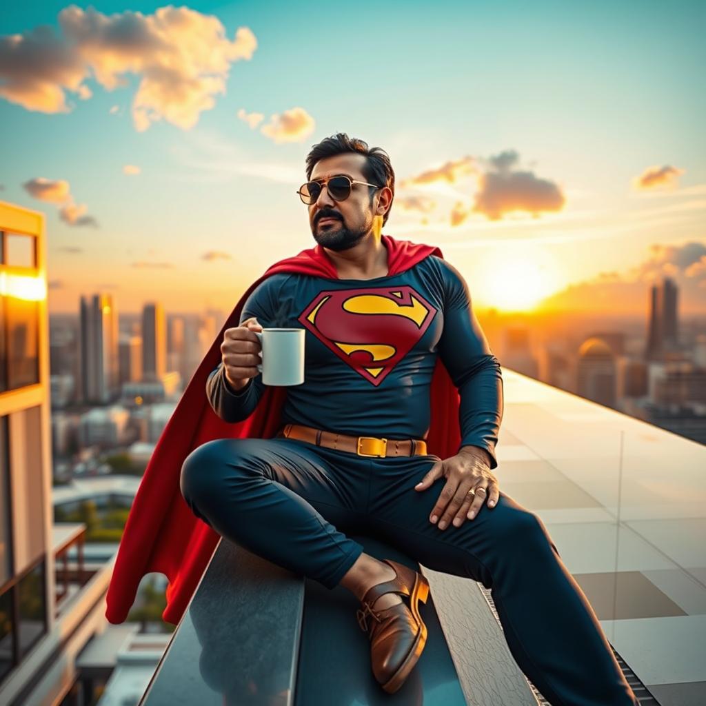 Ram Gopal Varma portrayed as a superhero, embodying the essence of Superman, confidently sitting on a modern hotel rooftop