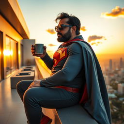 Ram Gopal Varma portrayed as a superhero, embodying the essence of Superman, confidently sitting on a modern hotel rooftop