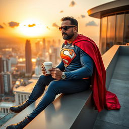 Ram Gopal Varma portrayed as a superhero, embodying the essence of Superman, confidently sitting on a modern hotel rooftop