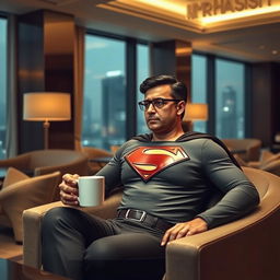 Ram Gopal Varma depicted as a superhero, styled as Superman, comfortably seated inside a stylish hotel lounge