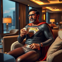 Ram Gopal Varma depicted as a superhero, styled as Superman, comfortably seated inside a stylish hotel lounge