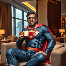 Ram Gopal Varma depicted as a superhero, styled as Superman, comfortably seated inside a stylish hotel lounge