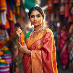 An Indian woman standing gracefully in line, holding a piece of brightly colored fabric in her hand that resembles a traditional garment or accessory