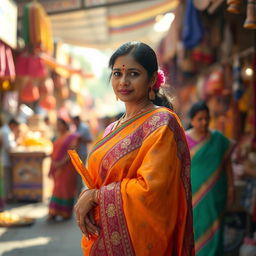 An Indian woman standing gracefully in line, holding a piece of brightly colored fabric in her hand that resembles a traditional garment or accessory