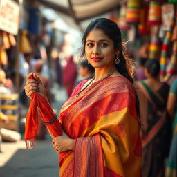 An Indian woman standing gracefully in line, holding a piece of brightly colored fabric in her hand that resembles a traditional garment or accessory