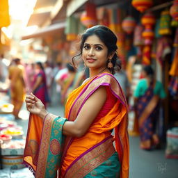 An Indian woman standing gracefully in line, holding a piece of brightly colored fabric in her hand that resembles a traditional garment or accessory