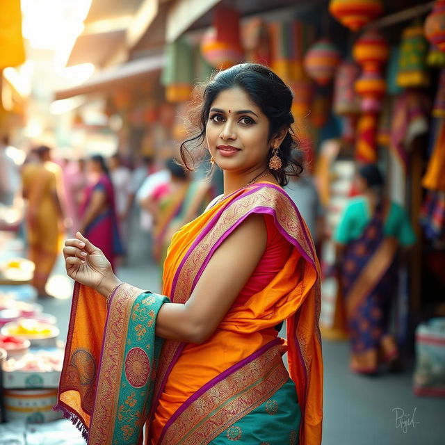 An Indian woman standing gracefully in line, holding a piece of brightly colored fabric in her hand that resembles a traditional garment or accessory