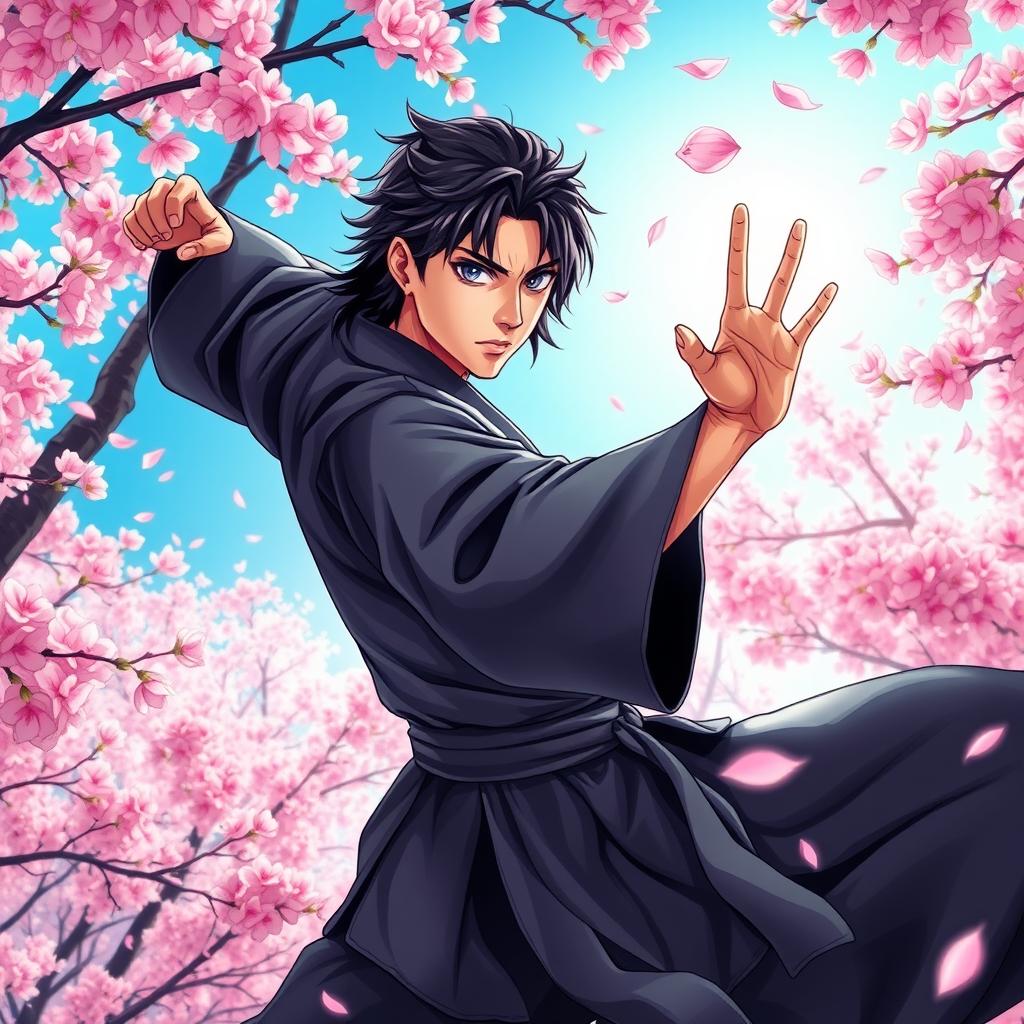 In a stunning manga art style, depict a male martial artist with shaggy black hair and captivating amethyst eyes, dressed in an elegant black martial arts gi