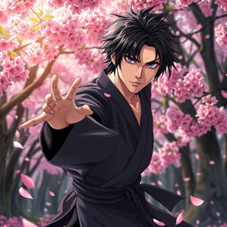 In a stunning manga art style, depict a male martial artist with shaggy black hair and captivating amethyst eyes, dressed in an elegant black martial arts gi