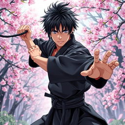 In a stunning manga art style, depict a male martial artist with shaggy black hair and captivating amethyst eyes, dressed in an elegant black martial arts gi