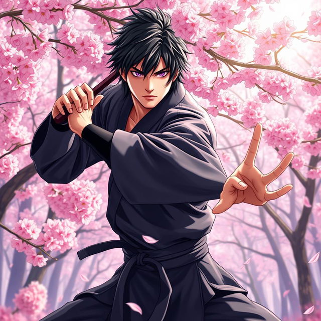 In a stunning manga art style, depict a male martial artist with shaggy black hair and captivating amethyst eyes, dressed in an elegant black martial arts gi
