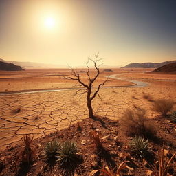 A vast and arid landscape showing the adverse effects of drought on the environment