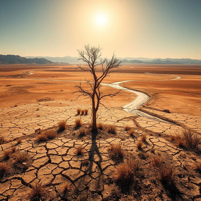 A vast and arid landscape showing the adverse effects of drought on the environment