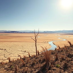 A vast and arid landscape showing the adverse effects of drought on the environment