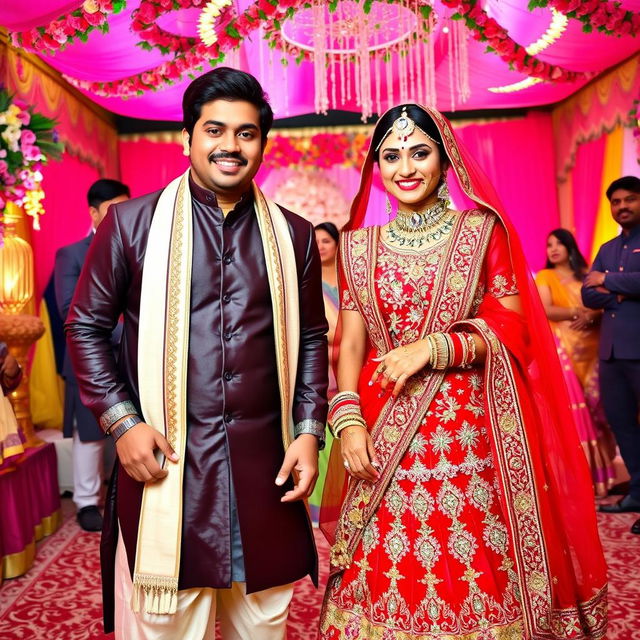 A vibrant wedding scene featuring an Indian woman dressed in an extravagant red wedding lehenga adorned with intricate embroidery and sparkling embellishments, radiating traditional beauty