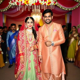 A vibrant wedding scene featuring an Indian woman dressed in an extravagant red wedding lehenga adorned with intricate embroidery and sparkling embellishments, radiating traditional beauty