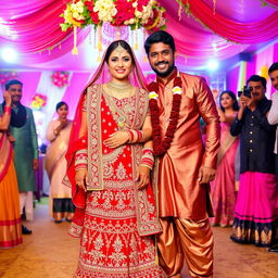 A vibrant wedding scene featuring an Indian woman dressed in an extravagant red wedding lehenga adorned with intricate embroidery and sparkling embellishments, radiating traditional beauty