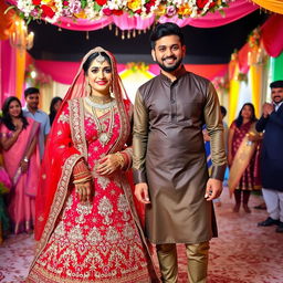 A vibrant wedding scene featuring an Indian woman dressed in an extravagant red wedding lehenga adorned with intricate embroidery and sparkling embellishments, radiating traditional beauty