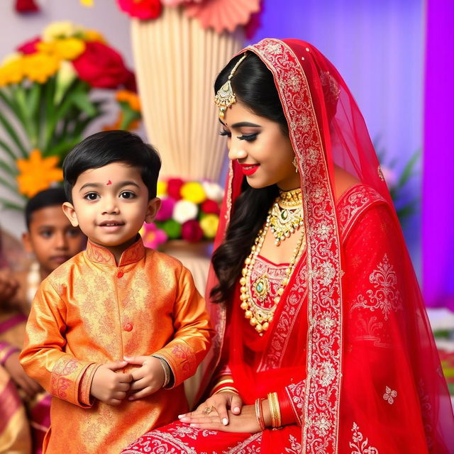 A traditional Indian wedding scene featuring a woman in a stunning red wedding lehenga, embellished with intricate embroidery and beautiful jewelry, epitomizing grace and elegance