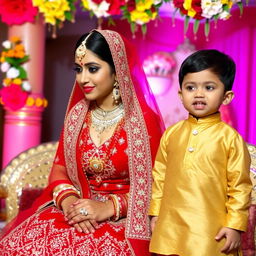 A traditional Indian wedding scene featuring a woman in a stunning red wedding lehenga, embellished with intricate embroidery and beautiful jewelry, epitomizing grace and elegance