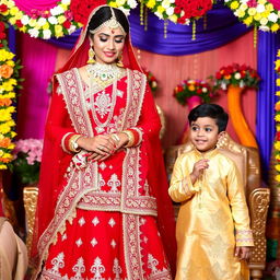 A traditional Indian wedding scene featuring a woman in a stunning red wedding lehenga, embellished with intricate embroidery and beautiful jewelry, epitomizing grace and elegance