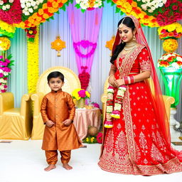 A traditional Indian wedding scene featuring a woman in a stunning red wedding lehenga, embellished with intricate embroidery and beautiful jewelry, epitomizing grace and elegance
