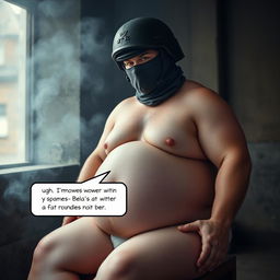 A lighthearted scene featuring a man wearing a Spetsnaz k6-3 helmet with a closed visor that covers his whole face, complemented by a balaclava