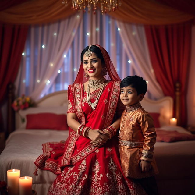 A traditional Indian wedding night scene featuring a woman elegantly dressed in a vibrant red wedding lehenga, beautifully embellished with intricate patterns and detailed jewelry, radiating grace and joy