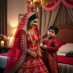 A traditional Indian wedding night scene featuring a woman elegantly dressed in a vibrant red wedding lehenga, beautifully embellished with intricate patterns and detailed jewelry, radiating grace and joy