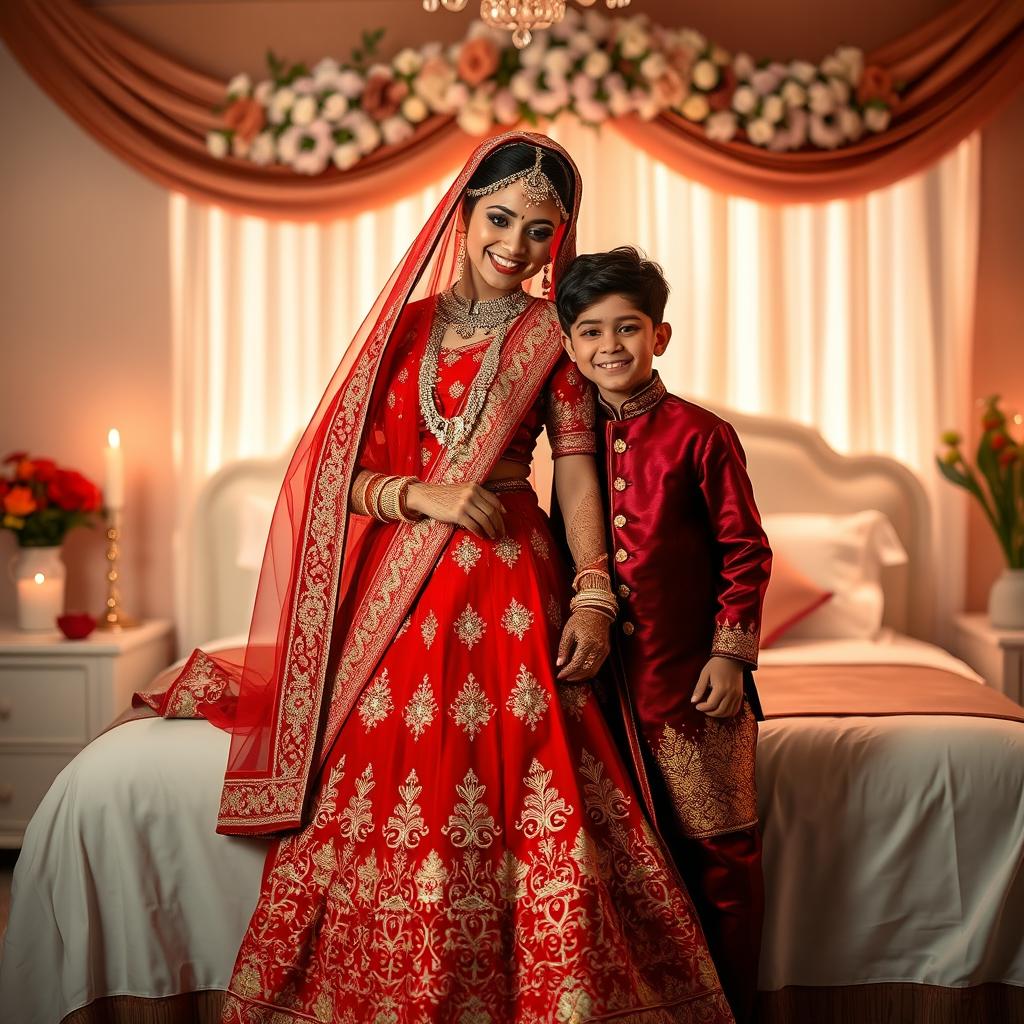 A traditional Indian wedding night scene featuring a woman elegantly dressed in a vibrant red wedding lehenga, beautifully embellished with intricate patterns and detailed jewelry, radiating grace and joy