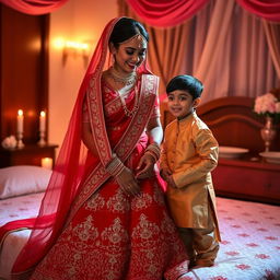 A traditional Indian wedding night scene featuring a woman elegantly dressed in a vibrant red wedding lehenga, beautifully embellished with intricate patterns and detailed jewelry, radiating grace and joy