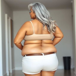 A 55-year-old Indian plus-size woman, characterized as a cougar, exuding confidence with her buxom and voluptuous figure