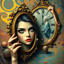 A beautiful, stunning girl with striking features, surrounded by a surreal, psychedelic landscape reminiscent of Salvador Dali's artwork