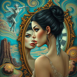 A beautiful, stunning girl with striking features, surrounded by a surreal, psychedelic landscape reminiscent of Salvador Dali's artwork
