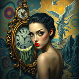 A beautiful, stunning girl with striking features, surrounded by a surreal, psychedelic landscape reminiscent of Salvador Dali's artwork