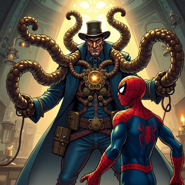 A dramatic comic-style illustration of Doctor Octopus reimagined in a steampunk aesthetic, featuring his signature mechanical tentacles made of brass and copper, adorned with gears and intricate clockwork mechanisms