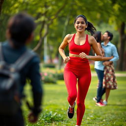 An energetic outdoor scene in a vibrant park featuring an Indian woman dressed in stylish red sportswear, complete with a fitted top and leggings, embodying fitness and determination as she goes for a run