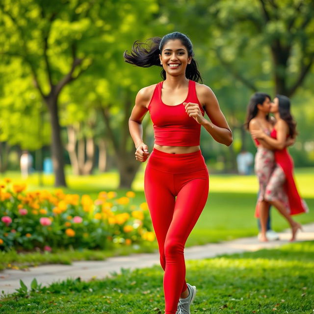 An energetic outdoor scene in a vibrant park featuring an Indian woman dressed in stylish red sportswear, complete with a fitted top and leggings, embodying fitness and determination as she goes for a run