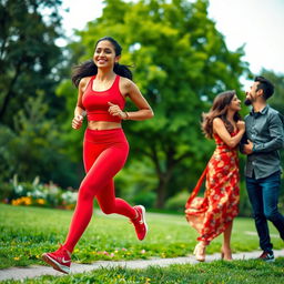 An energetic outdoor scene in a vibrant park featuring an Indian woman dressed in stylish red sportswear, complete with a fitted top and leggings, embodying fitness and determination as she goes for a run